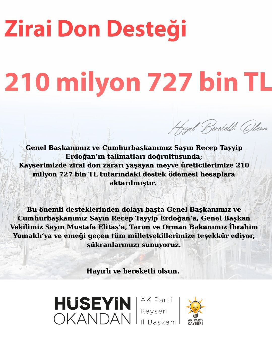 AK Parti'den Çiftçilere 210 Milyon TL'lik Don Desteği Müjdesi